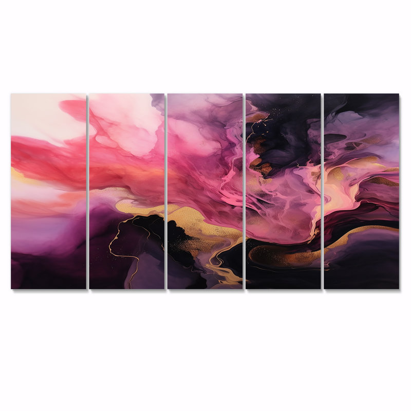 5 pièces d'art mural foncé en marbre magenta foncé pour le salon, H 32 po x l 80 po