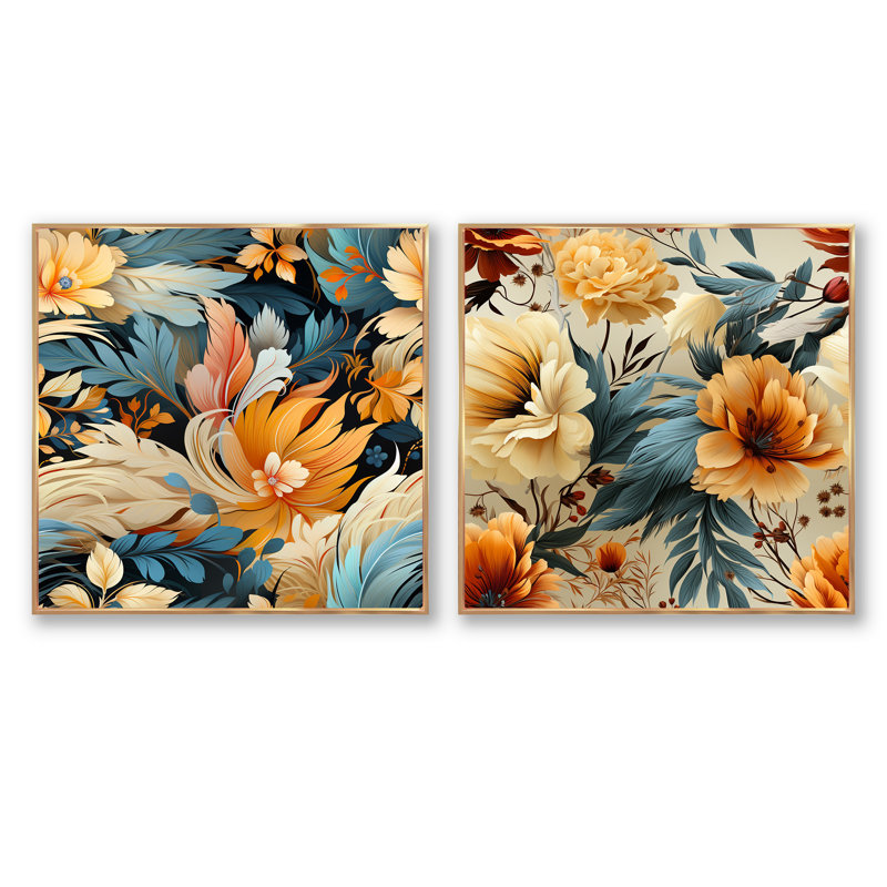 Kais - Ensemble de 2 collages floraux carrés, Cadre flottant doré, H 16 po x l 33 po