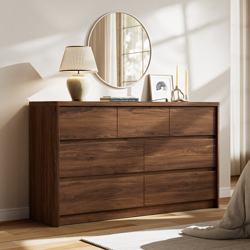  7 Drawer Walnut Dresser For Bedroom, 55" Wide Modern Chest Of Drawers With 7 Large Storage Space With Curved Edge Design, Large Dresser For Bedroom,Walnut