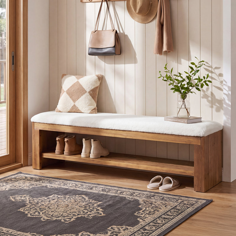 Banc pour chaussures 62,9 pouces en bois massif avec rangement et siège rembourré pour le salon et la chambre à coucher