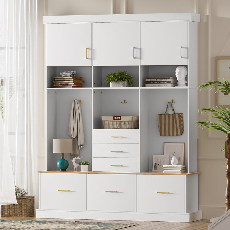 75"H Modern 5-in-1 Hall Tree Entryway Storage Bench with Coat Rack, 6 Drawers, 3 Cabinets, 3-Tier Top Organizer,White, White