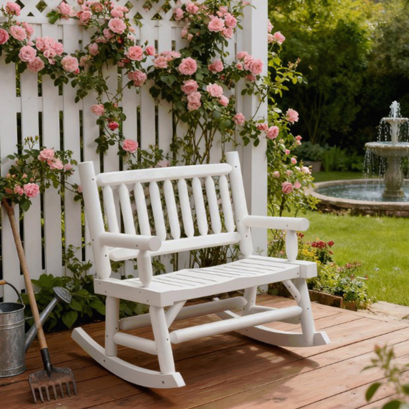 Heavy Duty Loveseat With Wide Curved Seats,Wood Rocking Chair With Log Design,For Patio, Backyard, Garden