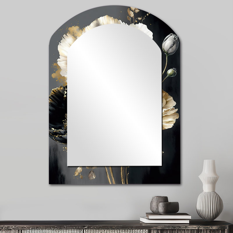 Gris doré, bouquet de fleurs I - miroir mural décoratif asymétrique floral, grand miroir en arc gris, impression d'art en métal