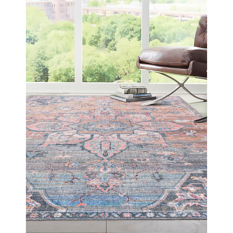 Tapis oriental rose / bleu Gwin, Rectangle 10 pi 6 po x 13 pi 1 po