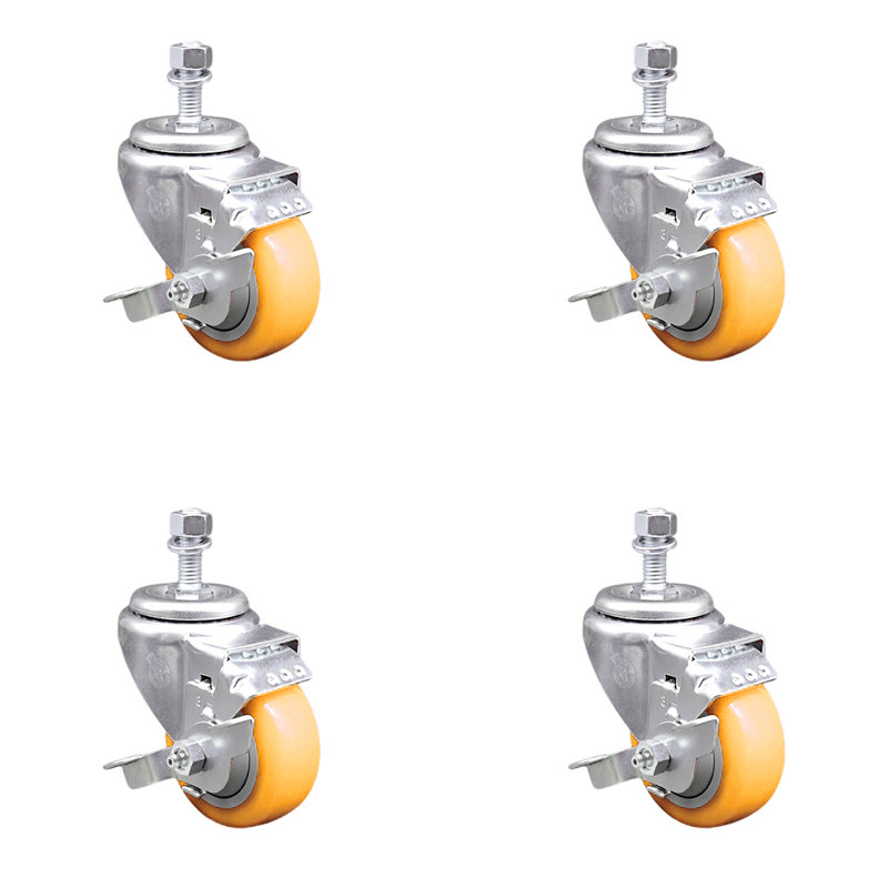 Ensemble de frein à roulettes à tige filetée 3,5 pouces en polyuréthane pivotant de 3,5 pouces et ½ pouce jaune