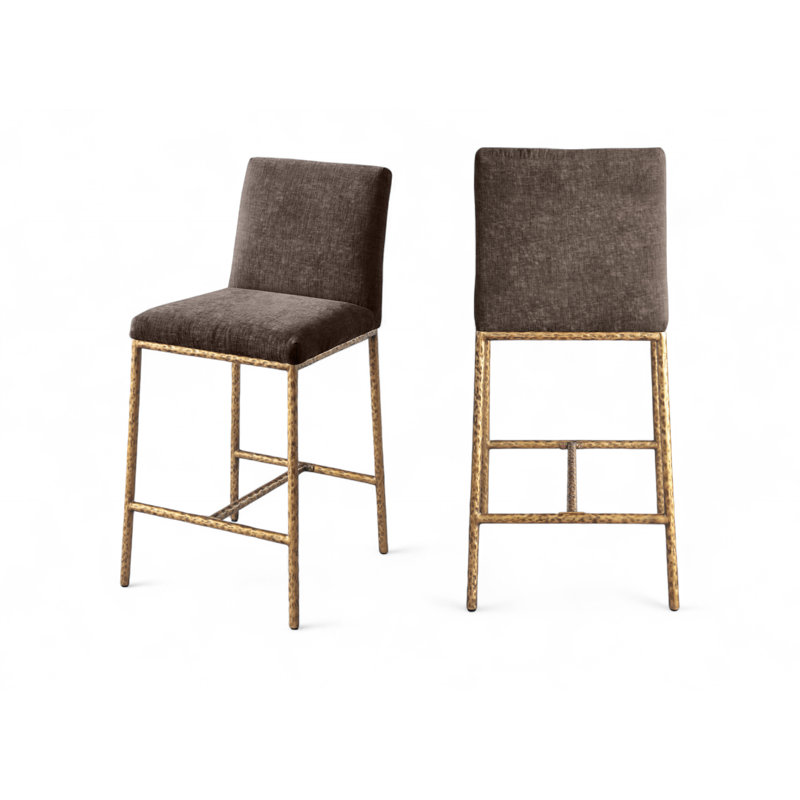 Tabouret de comptoir rembourré Reeves, Or brossé, Tissu chenille brun