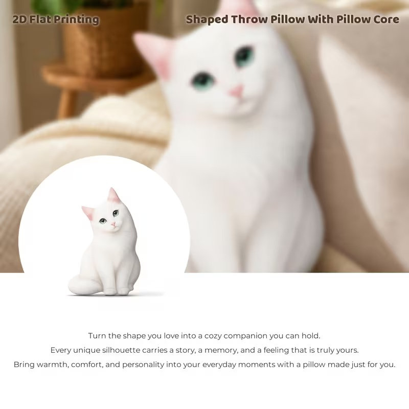 Angora Cat Tilted Head Sitting Pose Pillow, Warm Tale Style Decorative Cushion, Suitable for 'S Bedrooms And Animal Lovers, 2D Flat Printing Shaped Filling Pillow, 2D Flat Style 35cm