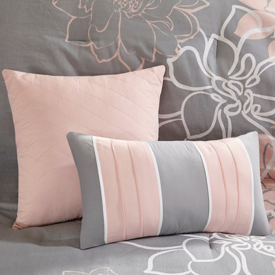 Édredon très grand avec imprimé gris / pêche - jupe de lit et coussins décoratifs en coton brodé