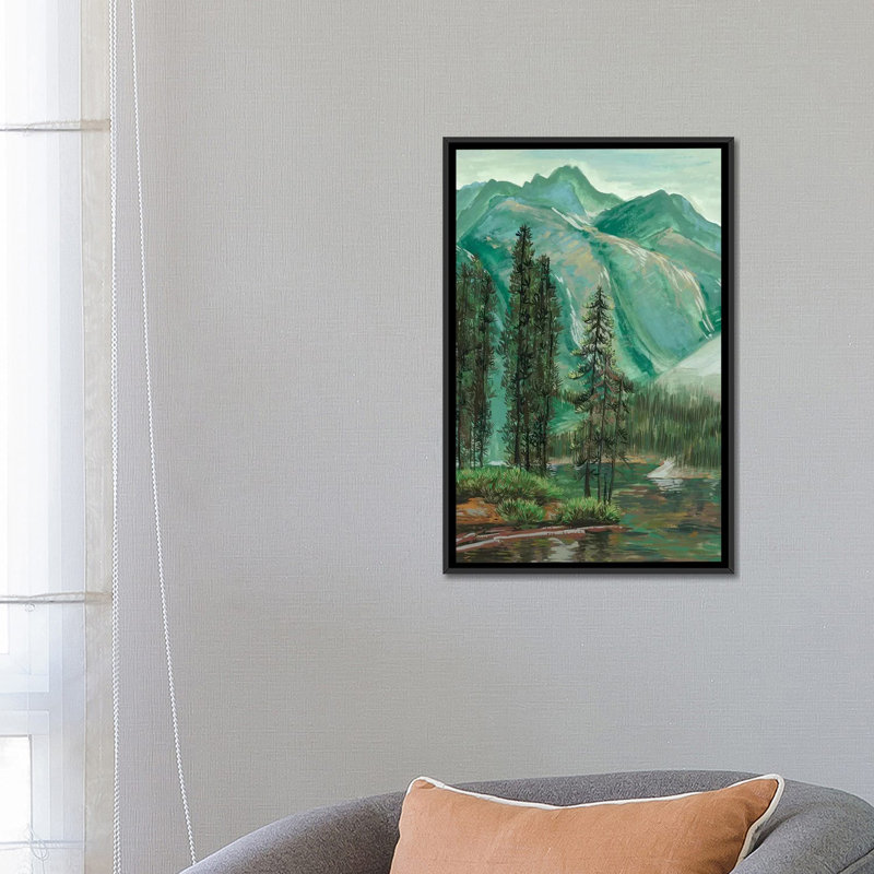 «Mountainscape IV», reproduction d'aquarelle sur toile tendue, Toile avec cadre noir, Pas de tapis
