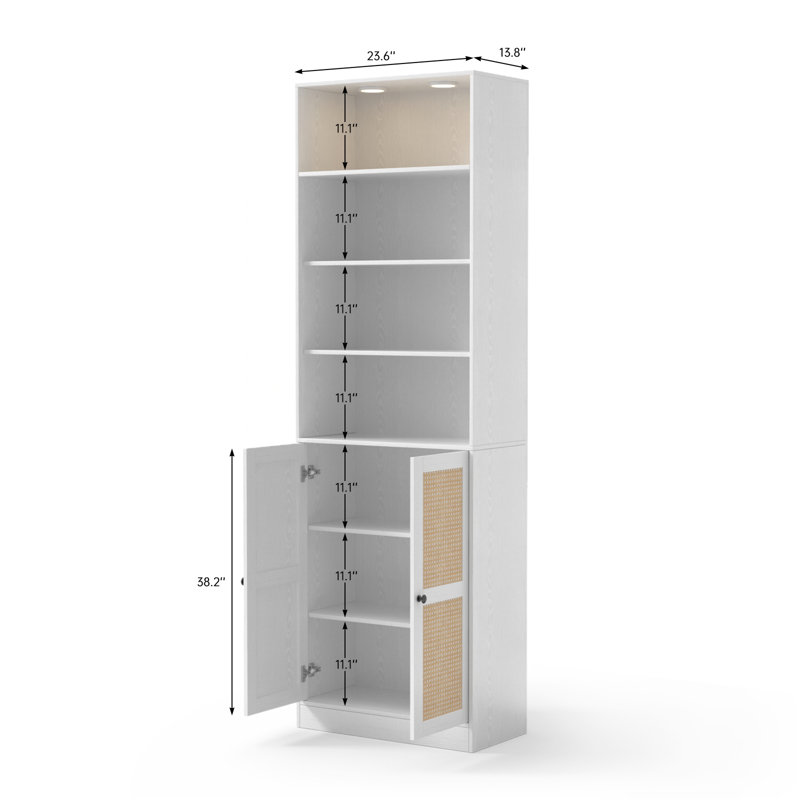Grande bibliothèque de rangement en bois de rotin à 7 niveaux H 85,8 po x l 23,6 po, bibliothèque avec armoire de rangement et plafonniers blancs pour salon, bureau