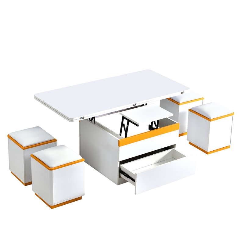  Table basse à plateau relevable avec 4 tabourets de rangement, plateau pliable et compartiments cachés, conception peu encombrante, blanc
