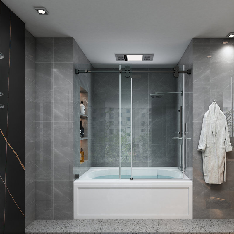 Porte de baignoire coulissante en verre trempé sans cadre l 60 po x H 66 po, Noir