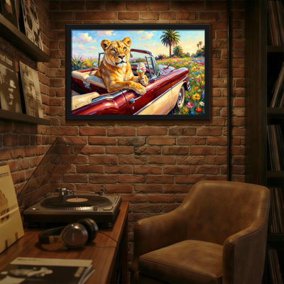 Animals Lion Driving Classic Car With Ice Cream