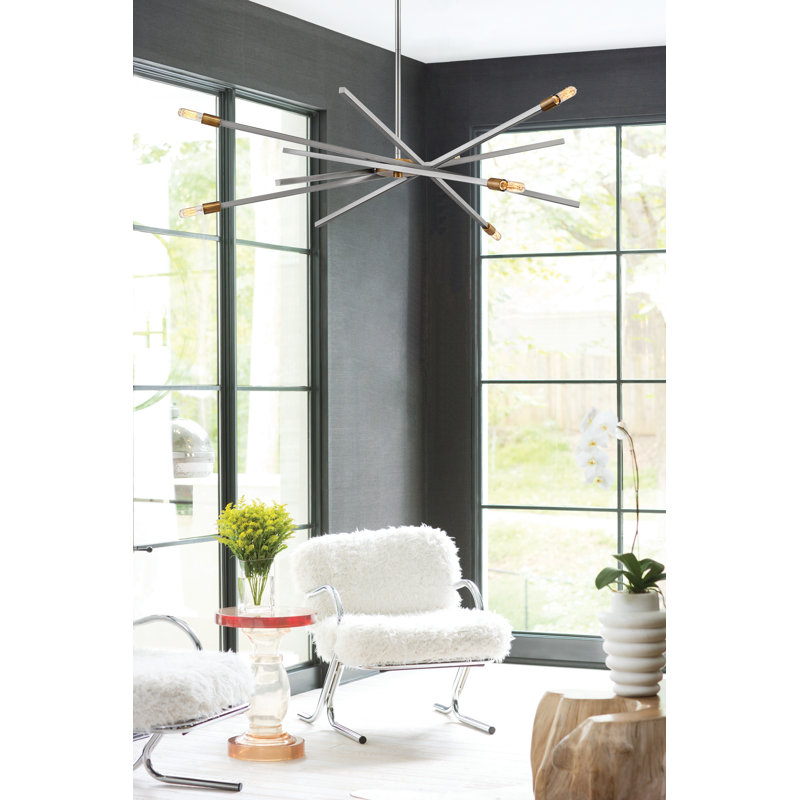 Lustre articulé Spoutnik à 6 lumières Archer, Nickel brossé, H 42,50 po x l 42,5 po x P 42,5 po
