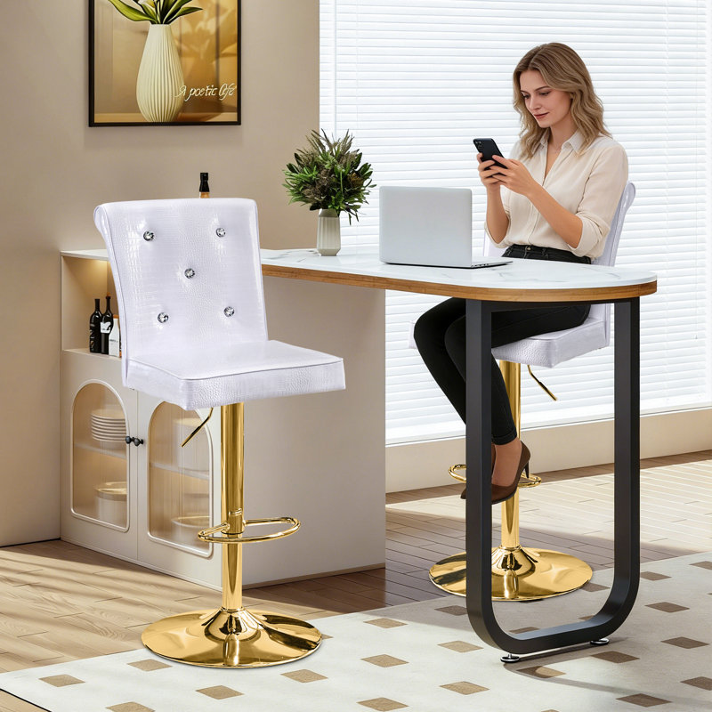 Vintage Faux Leather Bar Stools Set of 2, Adjustable Height Swivel with Crystal Clasp, White Seat/ Gold Frame