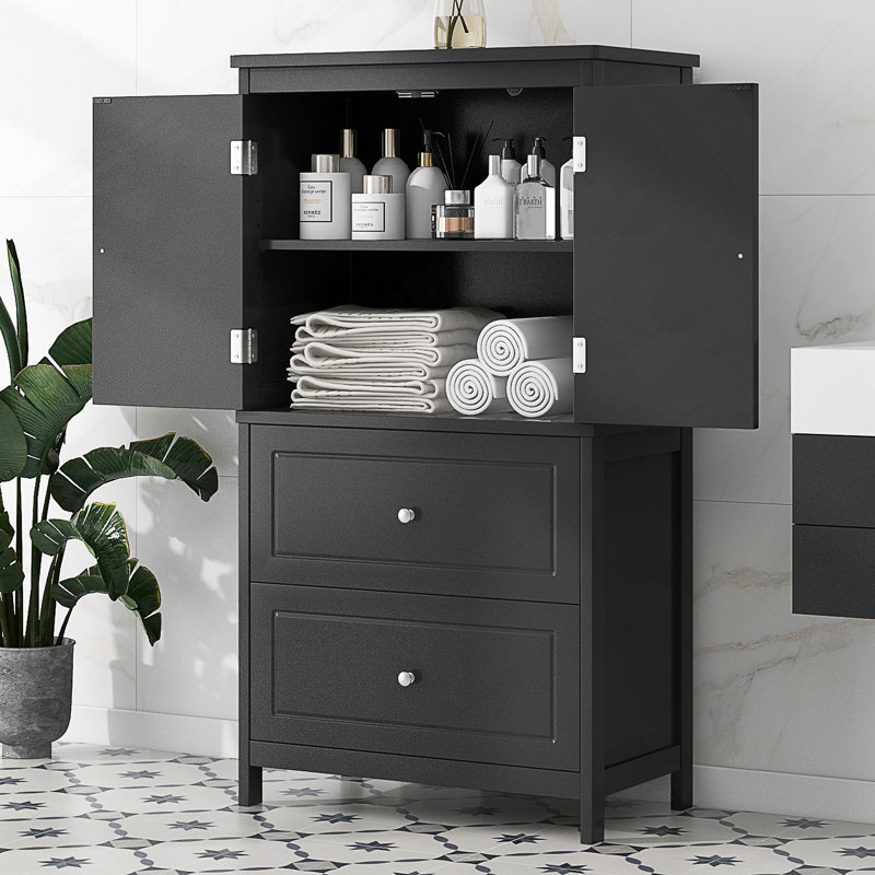Armoire de rangement pour salle de bain, armoire avec deux portes et tiroirs, tablette réglable