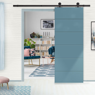 Panelled Manufactured Wood and Metal Painted Barn Door with Installation Hardware Kit