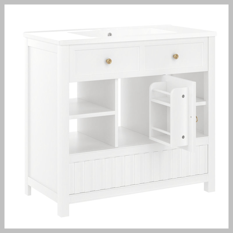 Meuble-lavabo 36 po avec lavabo, armoire de salle de bain multifonctionnelle avec portes et tablettes de rangement, avec tiroirs, blanc