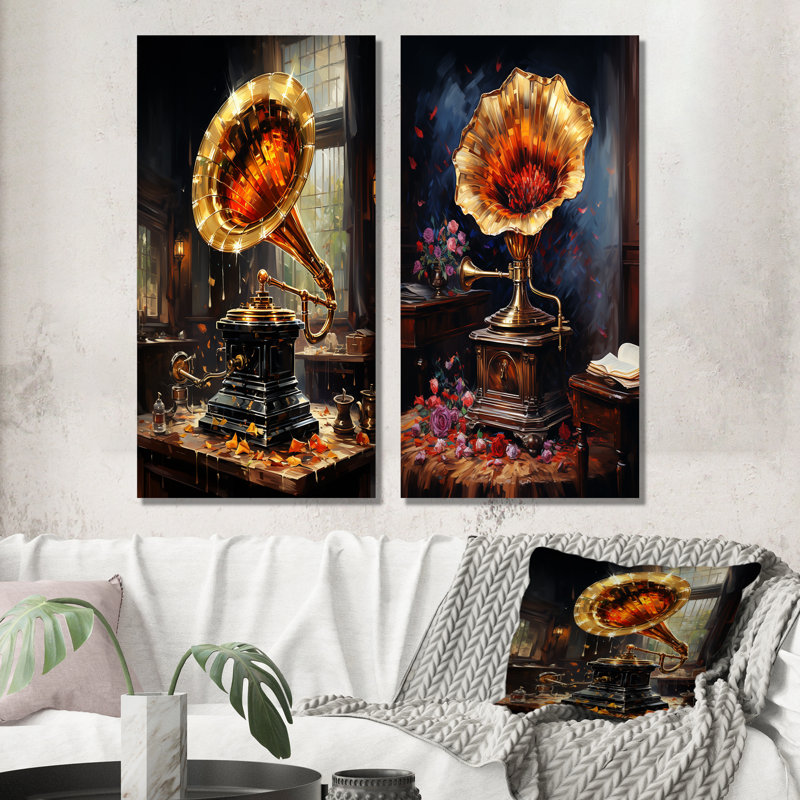 «Gold Phonographs Elegance I», ensemble de 2 reproductions d'art sur toile, Toile tendue, H 28 po x l 25 po