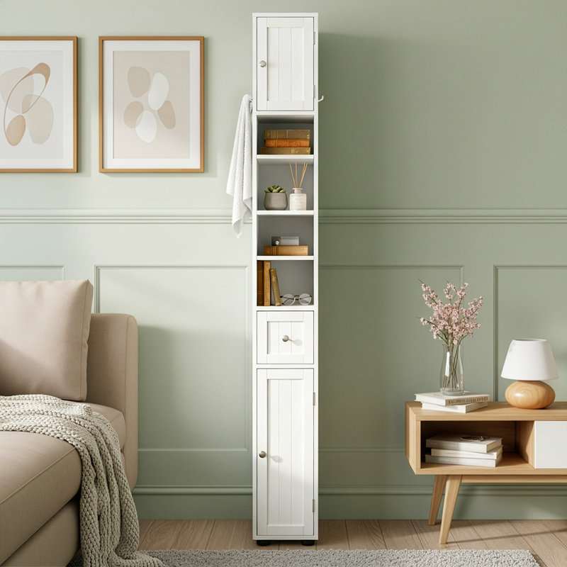 White Bathroom Storage Cabinet Narrow With 1 Drawer 2 Doors 4 Tiers