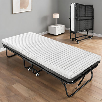 Lit double pliant double avec lit d'invité portatif en mousse à mémoire de forme et cadre en fer noir avec matelas inclus