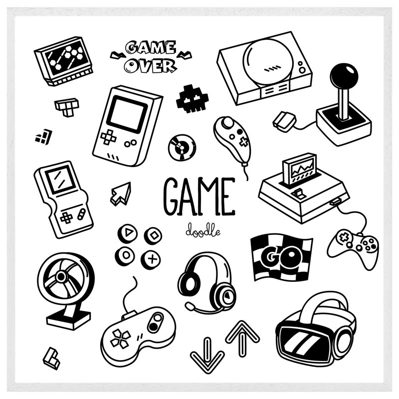 Game Doodles - Single Picture Frame Print, 51cm H x 51cm W x 4cm D, White