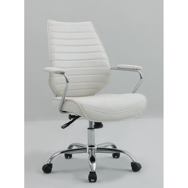 Chaise de travail en cuir véritable Dagenham, Acier inoxydable poli, Ivoire blanc