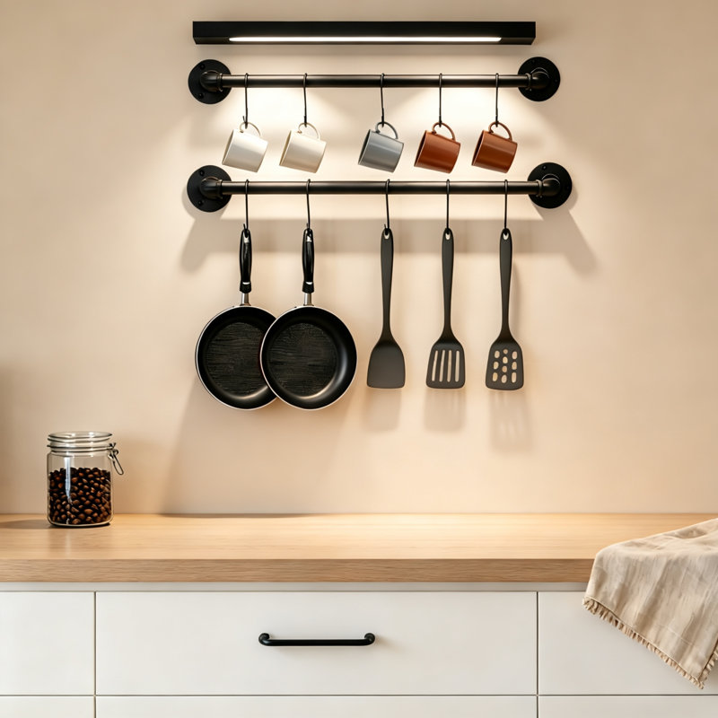 Ensemble de 2 barres murales de 53 cm (21 pouces) pour tuyaux, casseroles, poêles et ustensiles, 10 crochets en S, noir