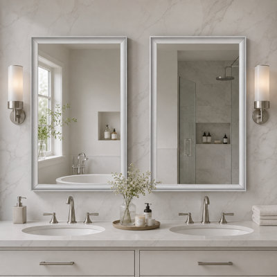 2 Pack 24x36 Inch Brushed Nickel Metal Framed Bathroom Mirrors, Rectangular Tempered Glass Wall Mirrors for Double Vanity