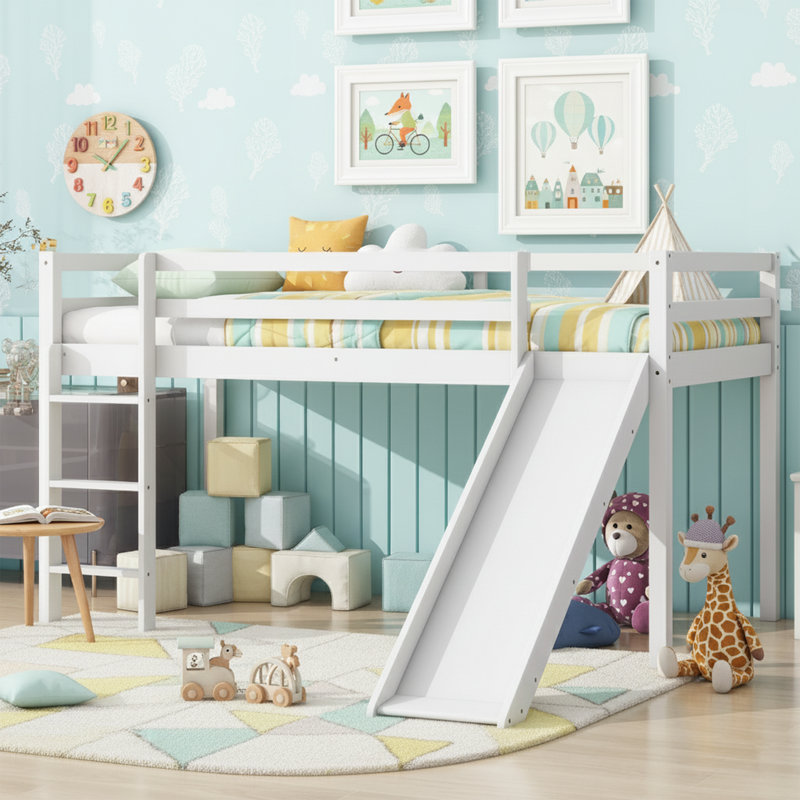 Twin Low Loft Bed With Slide, Ladder, Guardrails, Grey, Twin, White