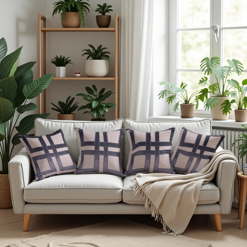 Housses de coussin brodées beige et brun - Ensemble de coussins géométriques en lin 20 x 20 pouces, 4