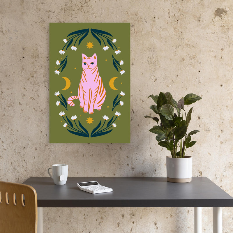 Mystic Pink Cat Abstract Cat Daisy Flower Nature Wall Art Print 1 Piece Wrapped Canvas Wall Art, 45.72cm H x 30.48cm W