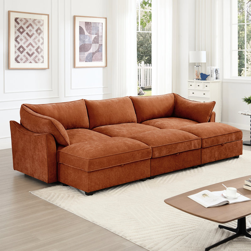 3 places avec repose-pieds, canapé-lit en chenille orange, rangement et repose-pieds cachés, coussins d'accoudoir intégrés, chenille lisse, structure en forme de croissant de style intérieur,