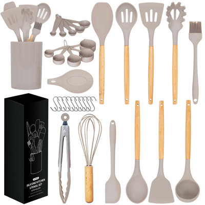 33 Pcs Kitchen Cooking Utensils Set, Non-Stick Silicone Cooking Kitchen Utensils Spatula Set with Holder, Wooden Handle Silicone Kitchen Gadgets Utensil Set (33 Pcs - )