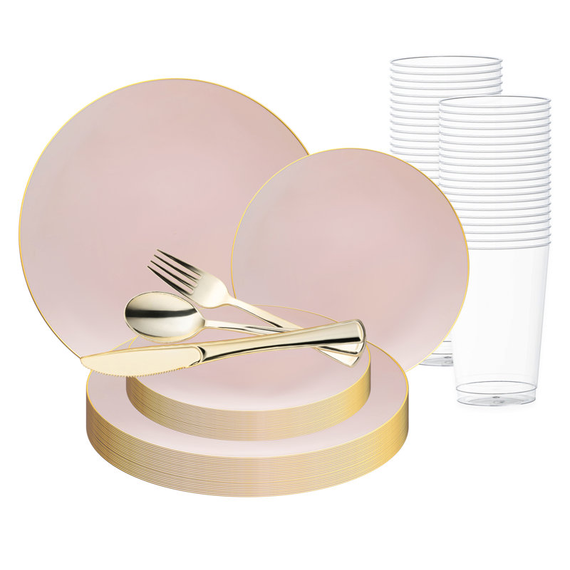 Pink with Gold Organic Round Disposable Plastic Wedding Value Set - 60 Settings