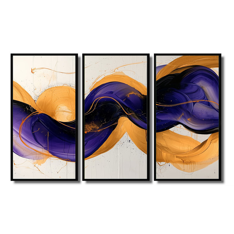 Lavande dorée, motifs voilés abstraits - art mural vagues - ensemble de 3, Noir, Impression encadrée sans passe-partout