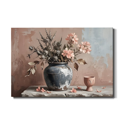 Morning Tea and Blossoms Impressionist Impressionist Canvas Wall Art, 24" x 36" Gallery Wrapped Canvas Print, Rose & Sage Floral Wall Decor for Kitchen, Breakfast Nook & Dining Room