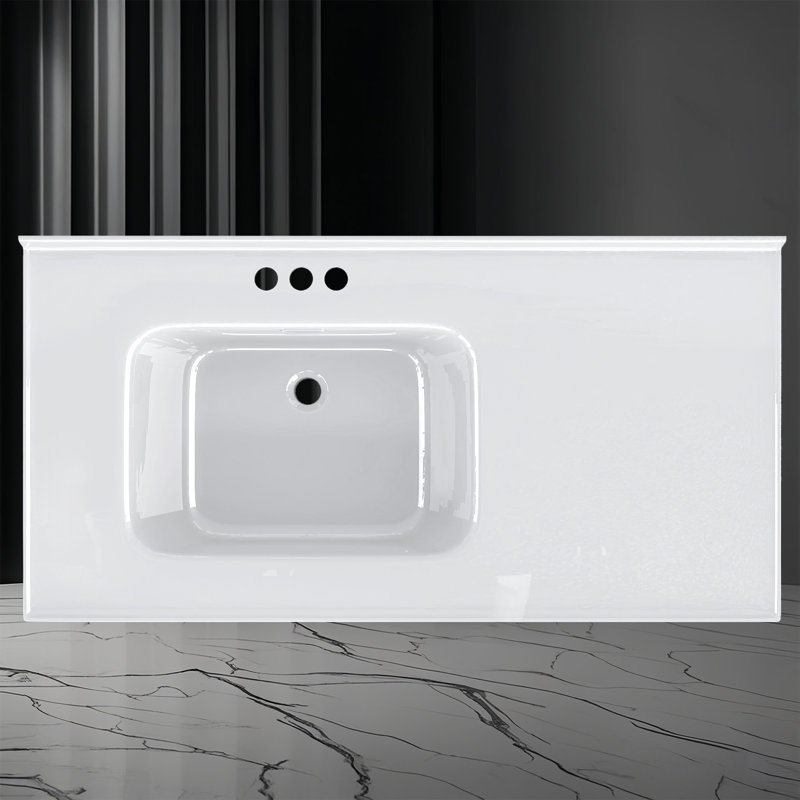 Plateau de meuble-lavabo à surface solide de 43 pouces avec lavabo intégré à gauche, comptoir épais de 3 po, rebord surélevé et dosseret de 1,38 po, imperméable et facile à installer
