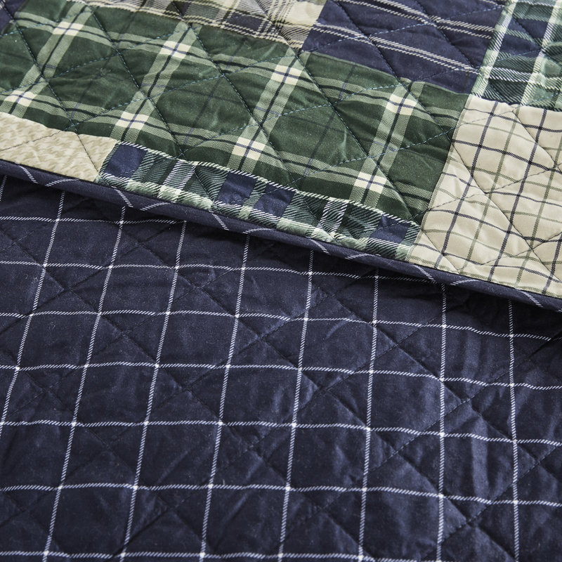 Courtepointe double / grand / marine, réversible avec patchwork et tissu écossais, 10% autres fibres, taies décoratives à fermeture à glissière bleu marine pour lit double / grand, motifs écossais, rembourrage en coton, fermeture à glissière facile à utiliser