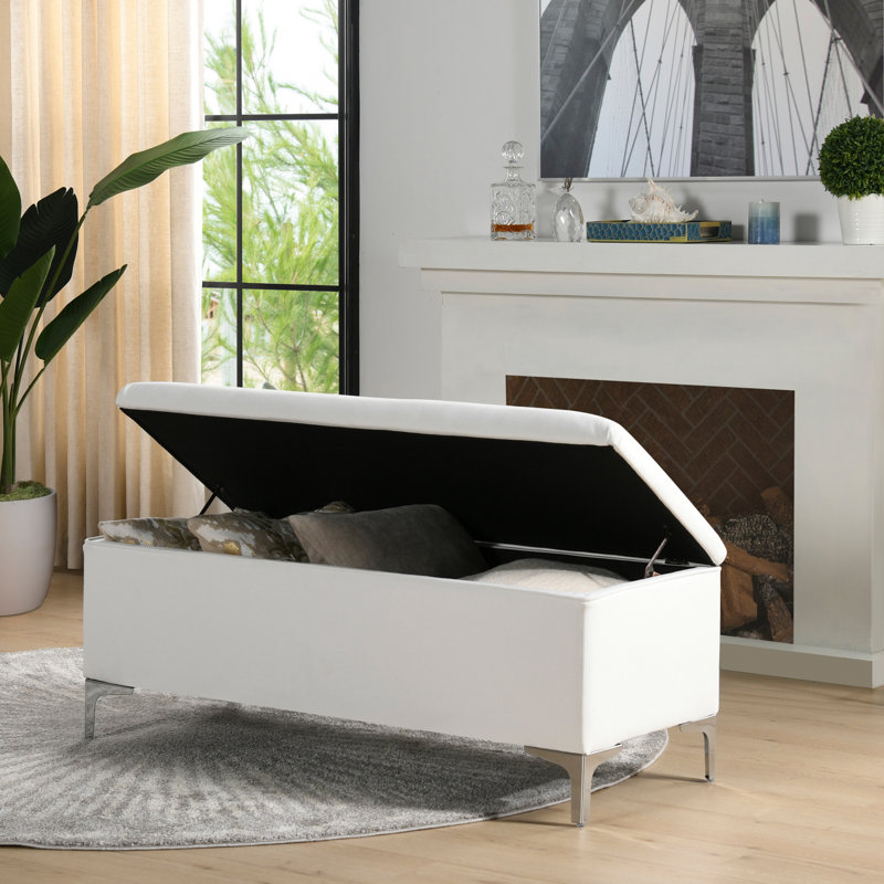 Elyssa Polyester Upholstered Storage Bench, Bright White