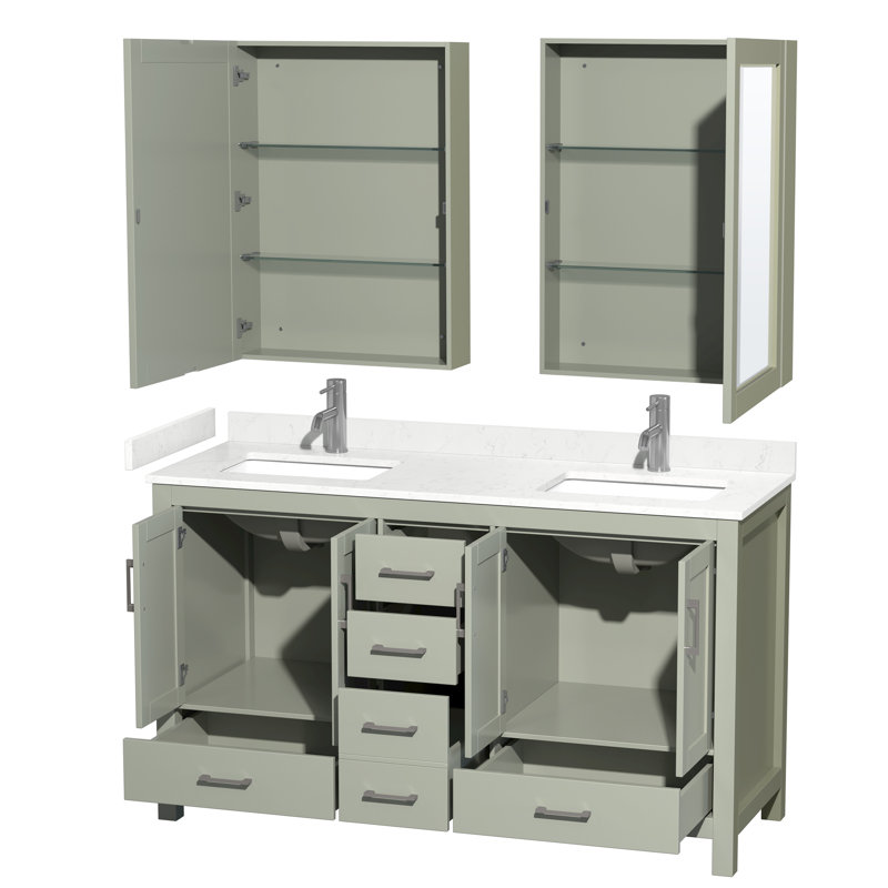 Sheffield 60" Bathroom Vanity Set with Medicine Cabinets, Carrara Cultured Marble, Light Green