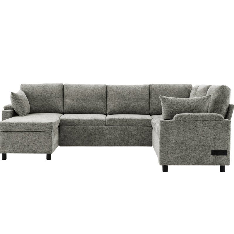 Lit confortable en forme de U avec rangement caché - gris et revêtement, Chenille gris pâle