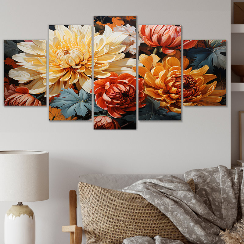 Chrysanthemums Autumn Collage II - Ensemble de décoration murale floral en métal