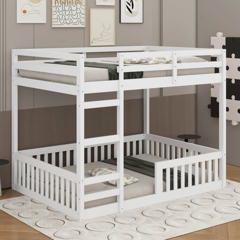 Full Over Full Wood Bunk Bed With Ladder And Guardrails, White