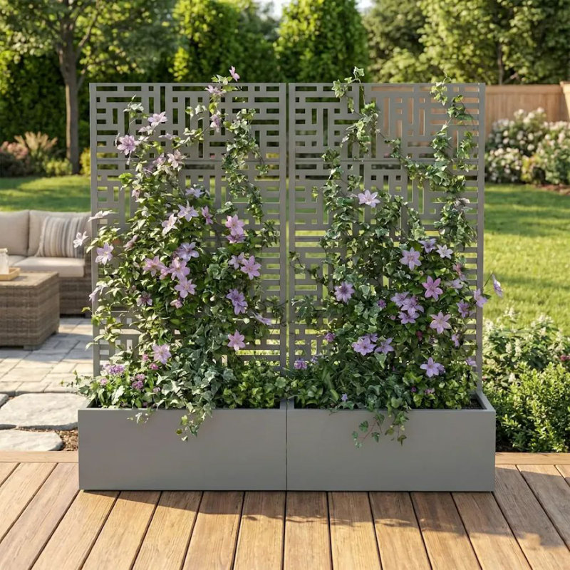 Boîte à fleurs en métal avec treillis, H 59 po x l 30 po x P 11 po, Gris