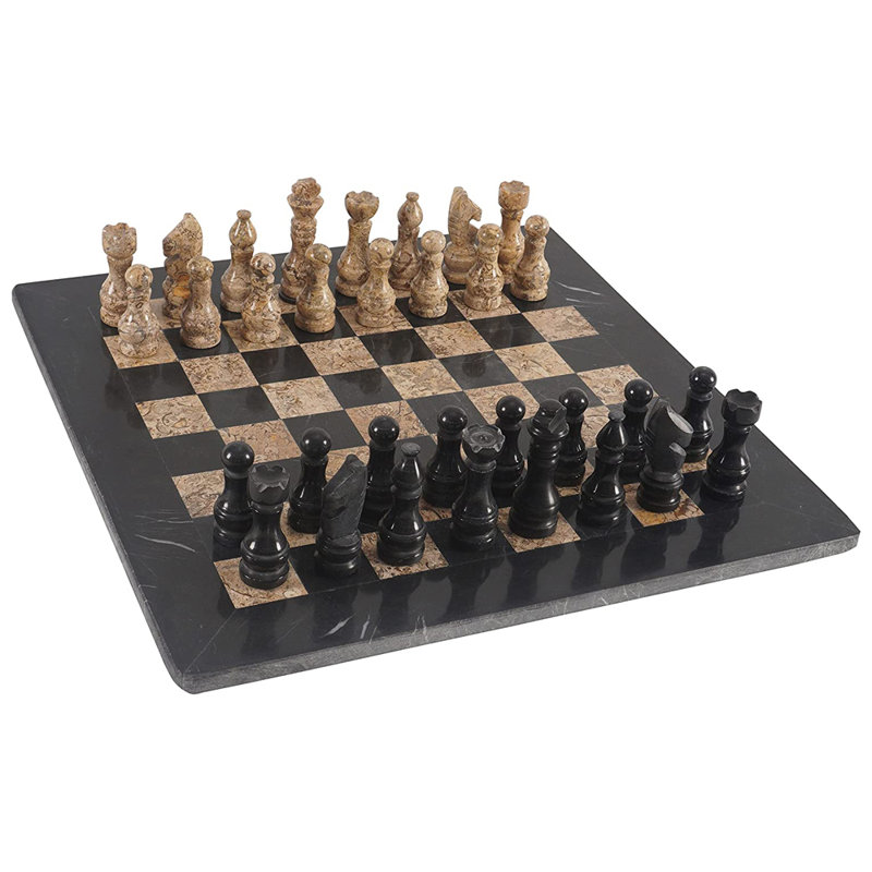 Jeu d'échecs en pierre fait à la main de 15 po L Radical, Noir / corail