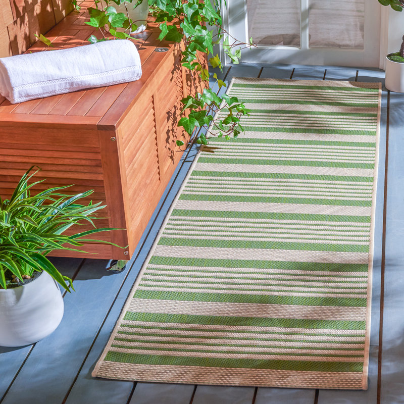 Arneshia Striped Machine Made Power Loom Acrylic Indoor / Outdoor Area Indoor/Outdoor Area Rug in Green/Beige