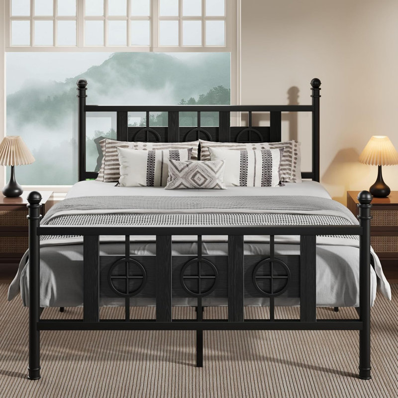 Oriental Vintage Style Metal Platform Bed, Black/Queen (U.S. Standard)