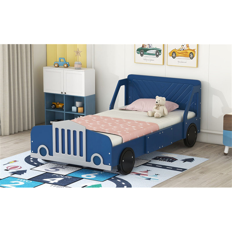 Twin Size Car-Shaped Platform Bed With Wheels, Blue, Twin