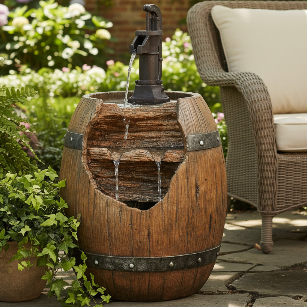 Jessika Vintage Pump and Barrel Outdoor Water Fountain with Adjustable Pump and Realistic Wood Texture Millwood Pines